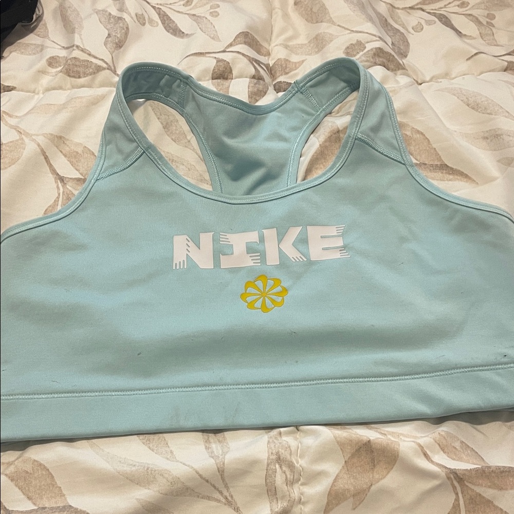 Nike Sky Blue Sports Bra with White and Yellow Accents